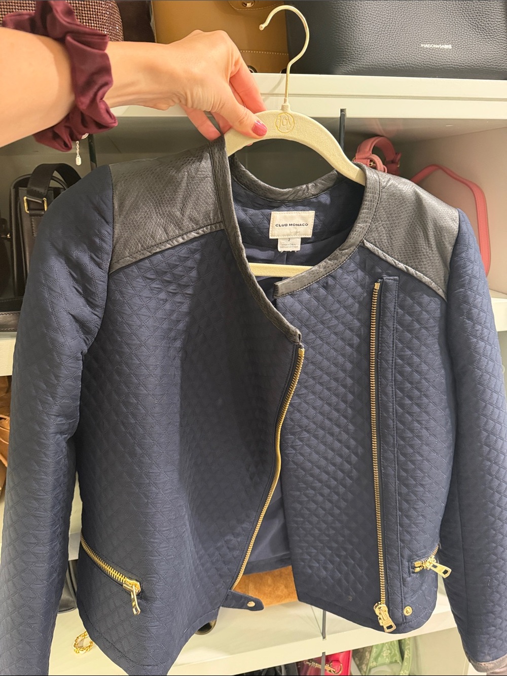 Club Monaco Navy Quilted Jacket with Black Leather Accents